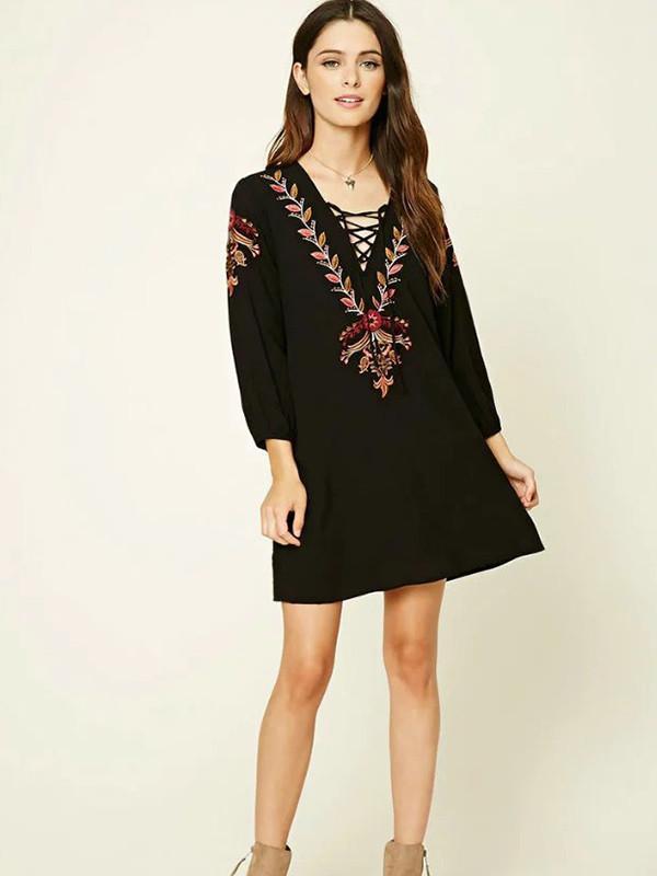 Fashion Inwrought Floral-Print Lace-up V Neck Bohemia Beach Dress