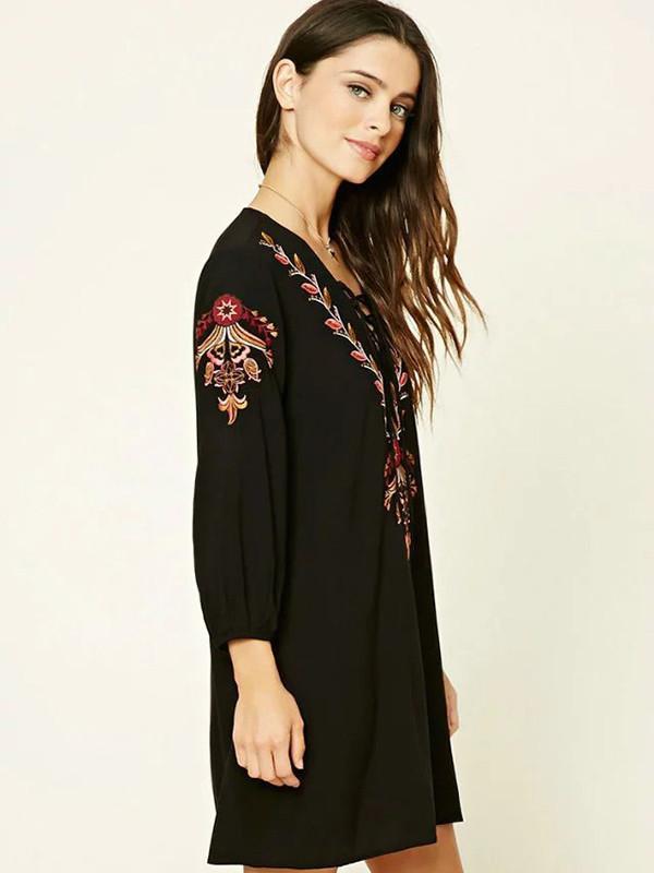 Fashion Inwrought Floral-Print Lace-up V Neck Bohemia Beach Dress