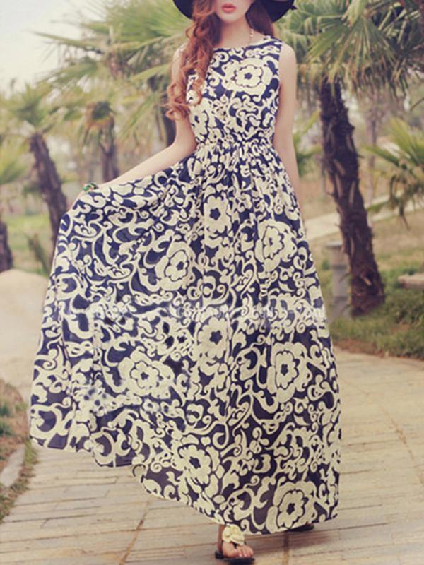 Chiffon Floral-Printed Sleeveless Round Neck Maxi Dress