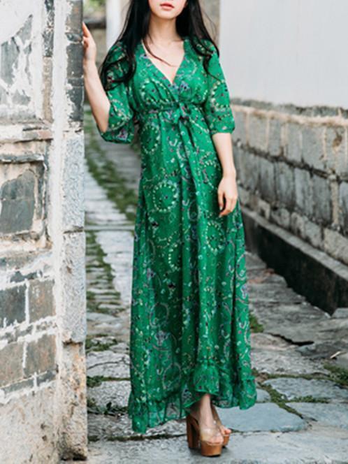 Chiffon Floral-Printed Short Sleeve V Neck Bohemia Beach Maxi Dress