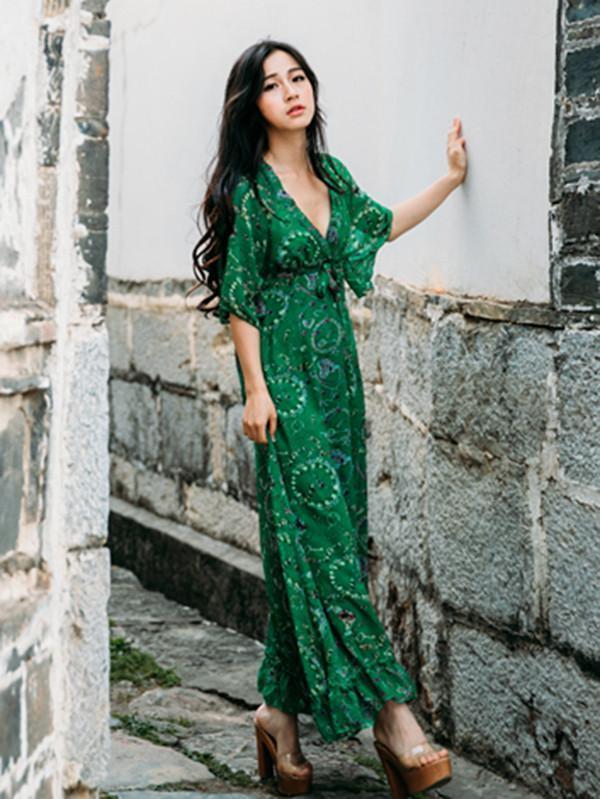 Chiffon Floral-Printed Short Sleeve V Neck Bohemia Beach Maxi Dress