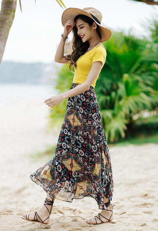 Beautiful Floral-Printed Chiffon Skirt And Solid Color T-Shirt Two-Piece Suits