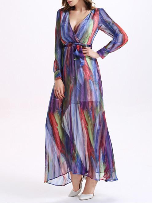 Beautiful Colorful Stripes Long Sleeve Deep V Neck Maxi Dress