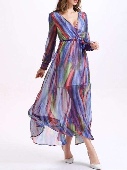 Beautiful Colorful Stripes Long Sleeve Deep V Neck Maxi Dress