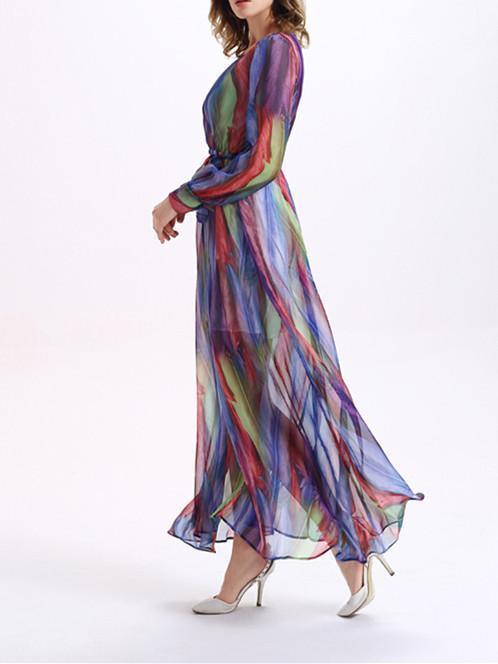 Beautiful Colorful Stripes Long Sleeve Deep V Neck Maxi Dress