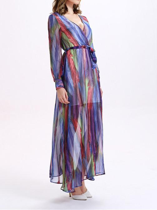 Beautiful Colorful Stripes Long Sleeve Deep V Neck Maxi Dress