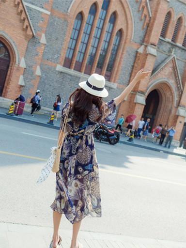 Retro Chiffon Printed Short Sleeve V Neck Bohemia Beach Dress