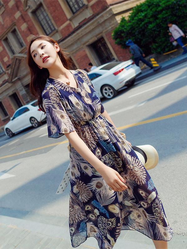 Retro Chiffon Printed Short Sleeve V Neck Bohemia Beach Dress