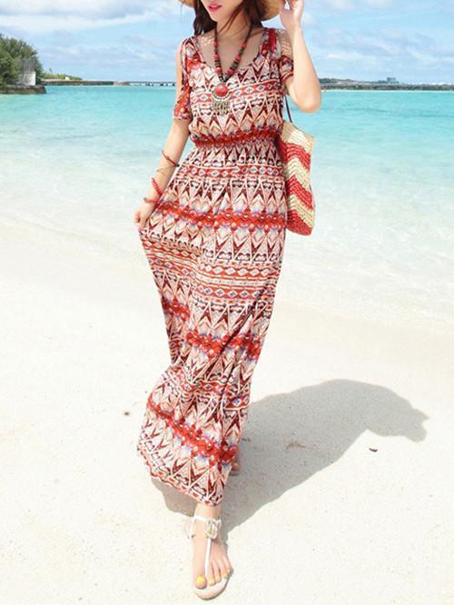 Beautiful Chiffon Printed Split Joint Short Sleeve Round Neck Maxi Dress