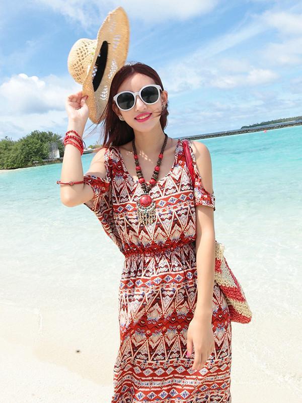 Beautiful Chiffon Printed Split Joint Short Sleeve Round Neck Maxi Dress