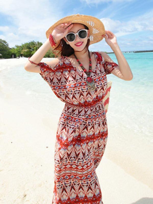 Beautiful Chiffon Printed Split Joint Short Sleeve Round Neck Maxi Dress