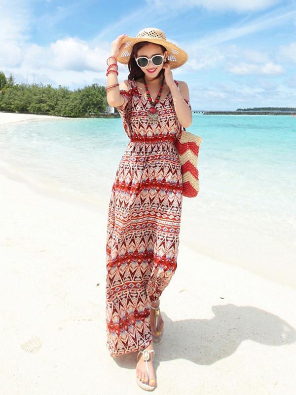 Beautiful Chiffon Printed Split Joint Short Sleeve Round Neck Maxi Dress