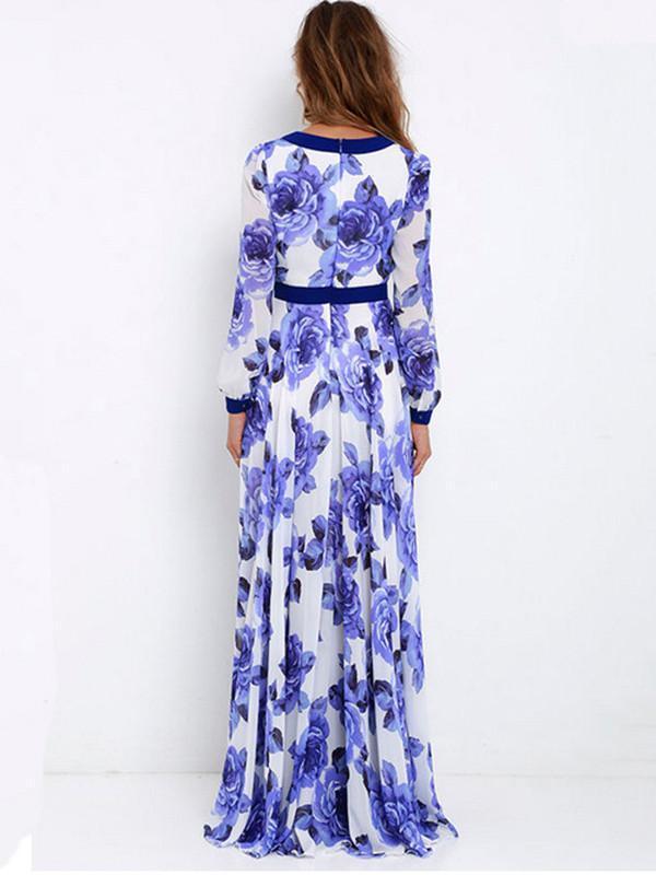 Floral Printed Deep V-neck Long Sleeves Maxi Dress