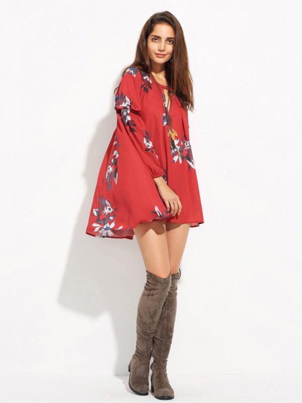 Chiffon Bohemia Floral Puff Sleeves V-neck Mini Dress