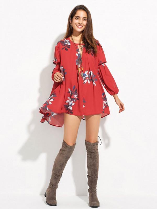 Chiffon Bohemia Floral Puff Sleeves V-neck Mini Dress