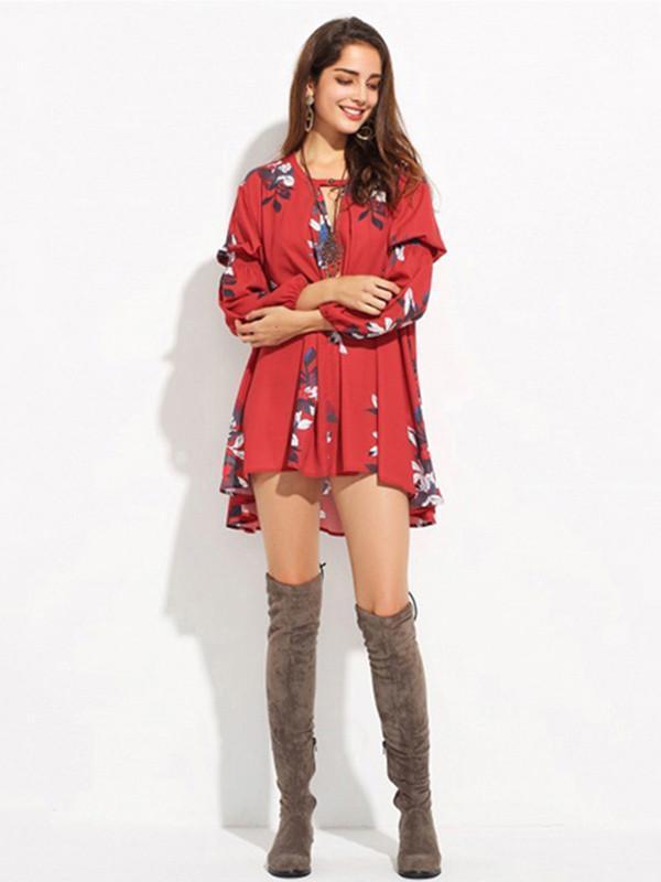 Chiffon Bohemia Floral Puff Sleeves V-neck Mini Dress