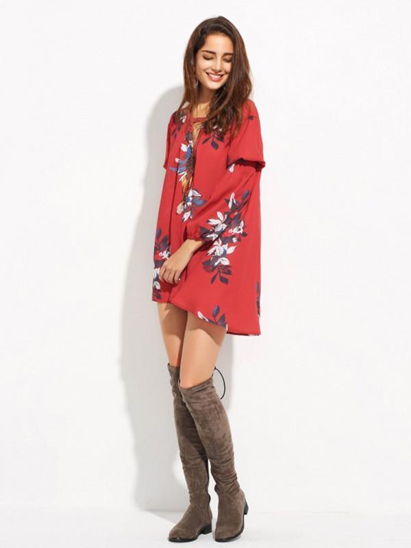 Chiffon Bohemia Floral Puff Sleeves V-neck Mini Dress