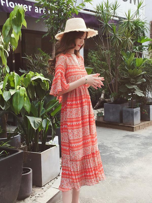 Fashion Floral-Printed Flared Sleeve V-neck Falbala Hemline Maxi Dress