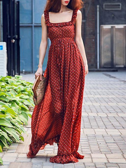 Retro Chiffon Printed Spaghetti-neck Backless Floor Maxi Dress