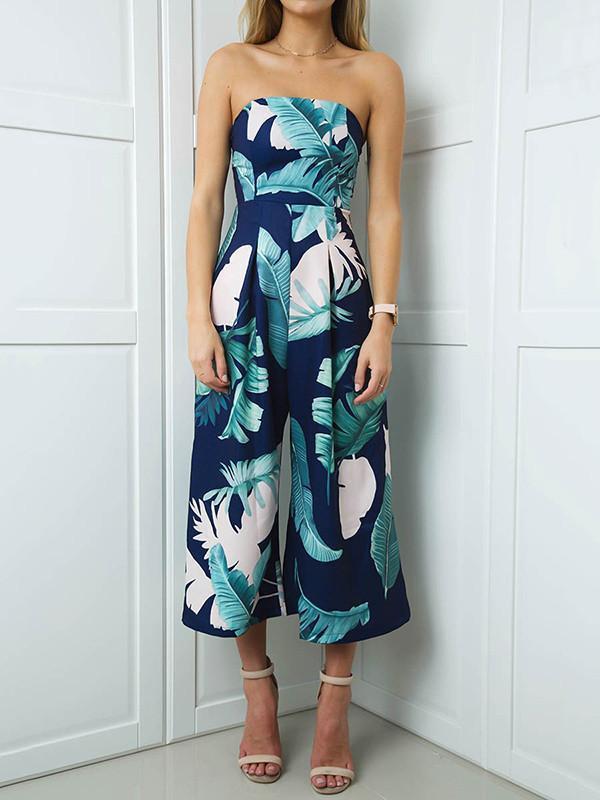 Leaves Printed Off-the-shoulder Backless Long Jumpsuits