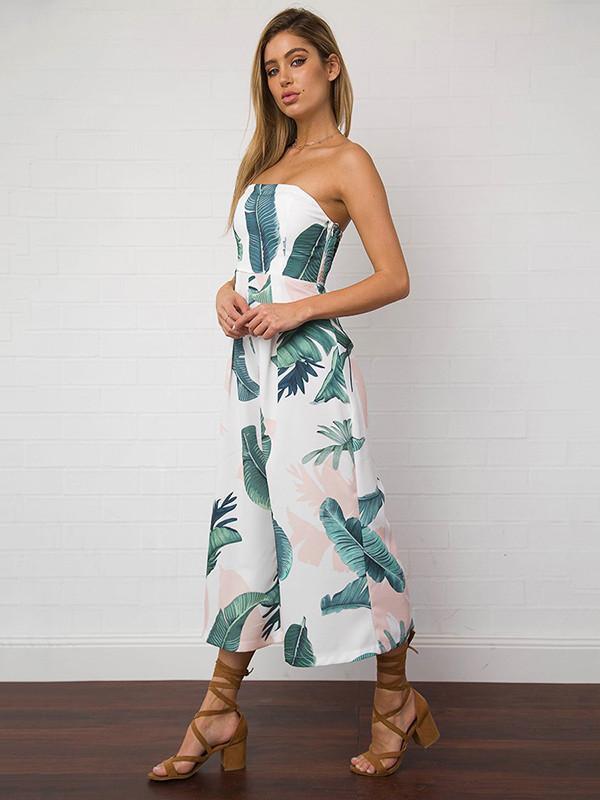 Leaves Printed Backless Off-the-shoulder Long Jumpsuits