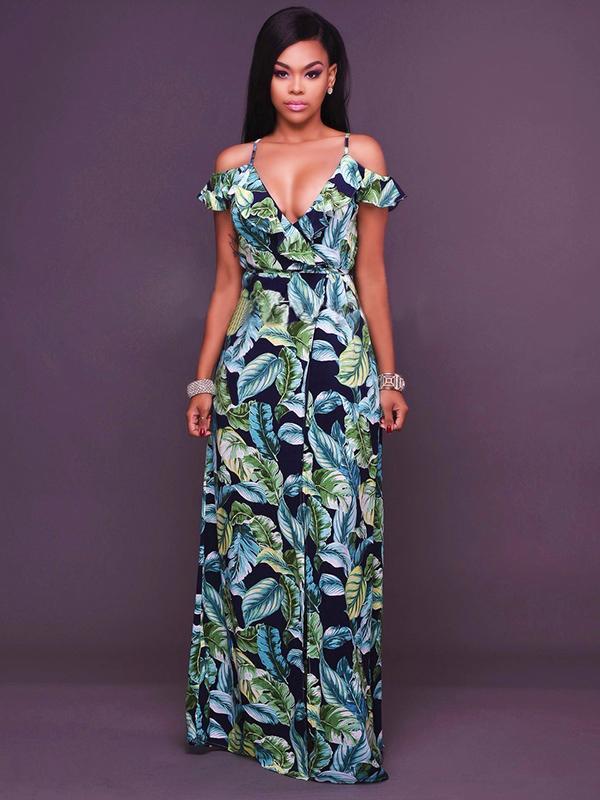 Plant Printed Spaghetti-neck Split-side V-neck Maxi Dress