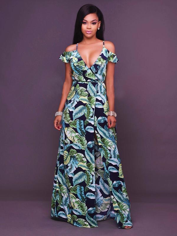 Plant Printed Spaghetti-neck Split-side V-neck Maxi Dress