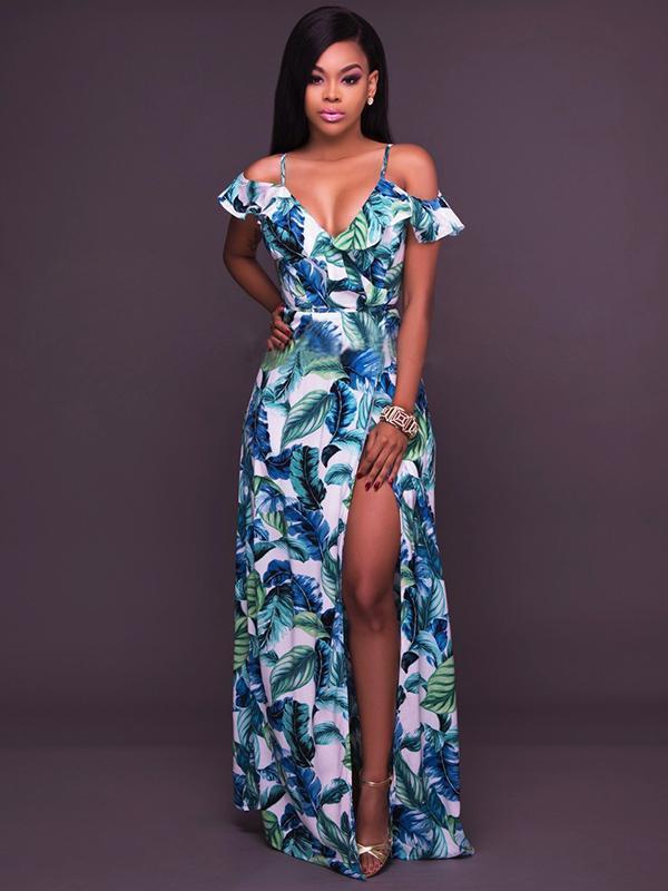 Plant Printed Spaghetti-neck Split-side V-neck Maxi Dress