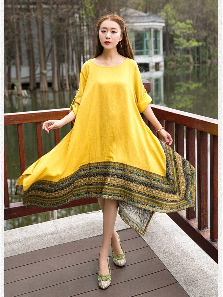 Autumn Asymmetric Retro Round-neck Half Sleeve Midi Dress