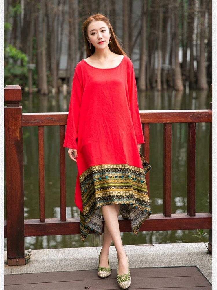 Autumn Asymmetric Retro Round-neck Half Sleeve Midi Dress