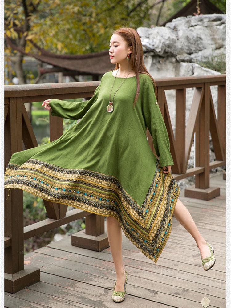 Autumn Asymmetric Retro Round-neck Half Sleeve Midi Dress