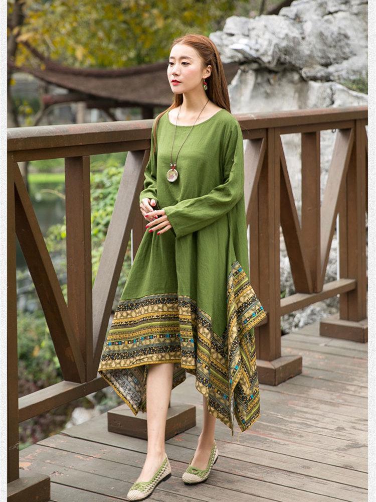 Autumn Asymmetric Retro Round-neck Half Sleeve Midi Dress