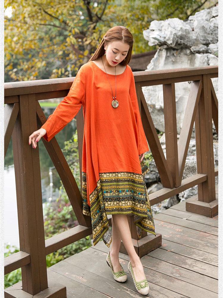 Autumn Asymmetric Retro Round-neck Half Sleeve Midi Dress