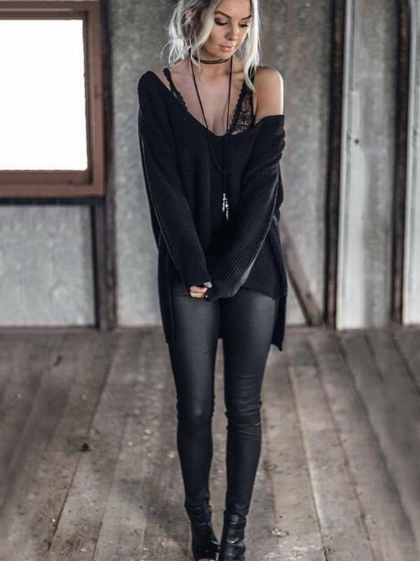 Solid Color Asymmetric V-neck Loose Sweater Tops