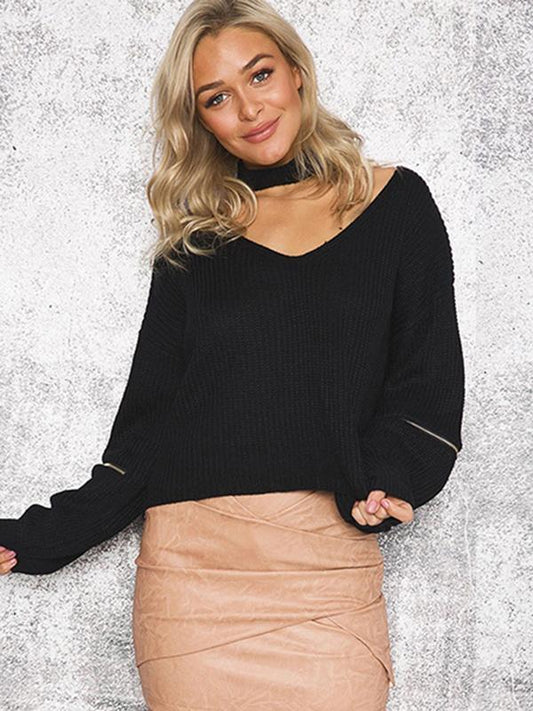 Solid Color V-neck Split Joint Zipper Sweater