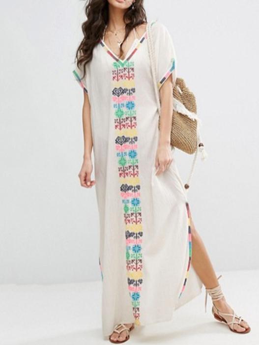 Bohemia Printed Deep V-neck Split-side Kaftan Dress