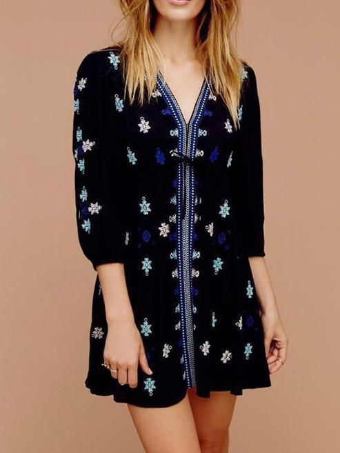 Bohemia Tasselled Embroidered V-neck Mini Dress