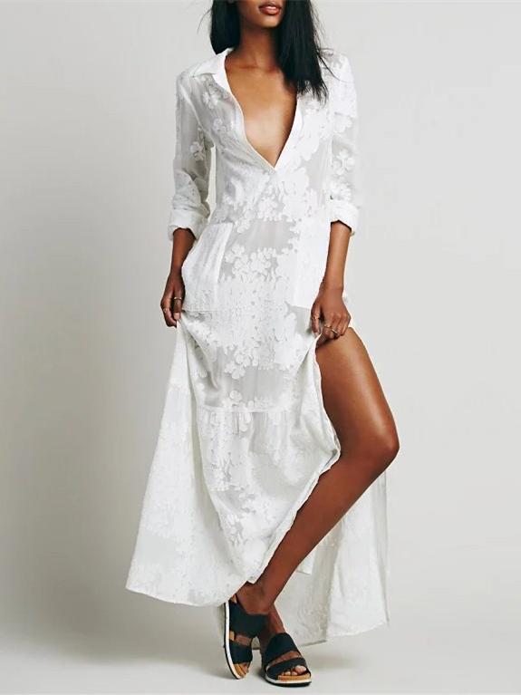 White Split-side Lapel Collar Maxi Dress