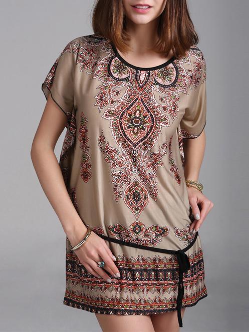 Bohemia Printed Batwing Sleeves Round-neck Mini Dress