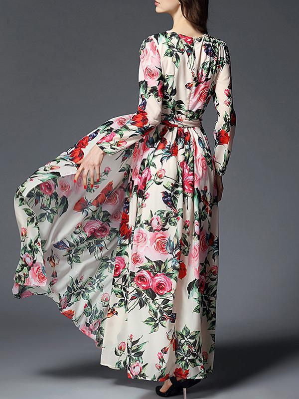 Floral-printed Belted Bohemia Maxi Dress