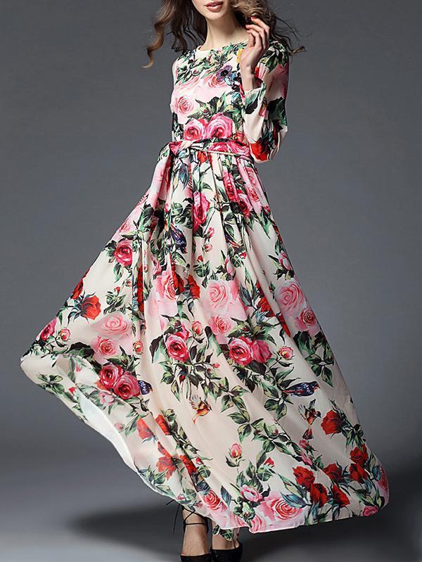 Floral-printed Belted Bohemia Maxi Dress