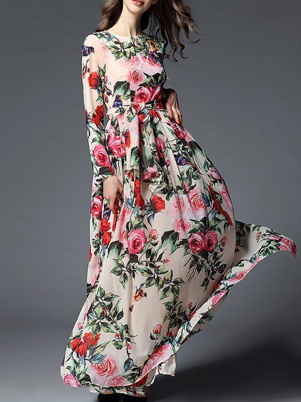 Floral-printed Belted Bohemia Maxi Dress