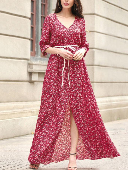 Bohemia Chiffon Floral-printed V-neck Maxi Dress