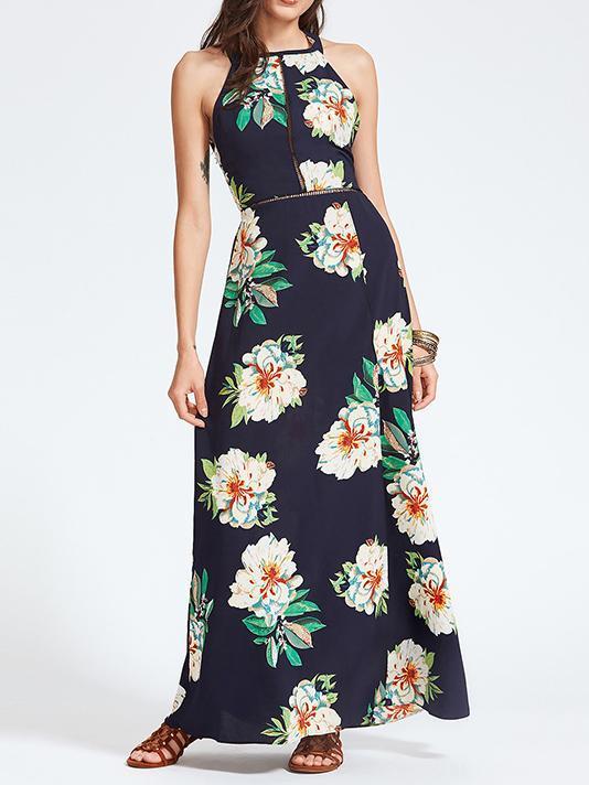 Bohemia Floral Halterneck Backless Sleeveless Maxi Dress