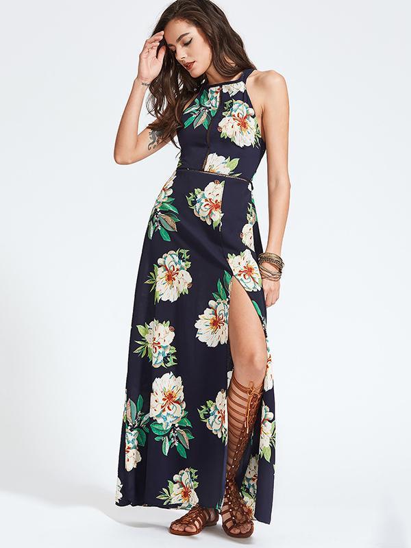 Floral Printed Spaghetti-neck Split-side Bohemia Maxi Dress