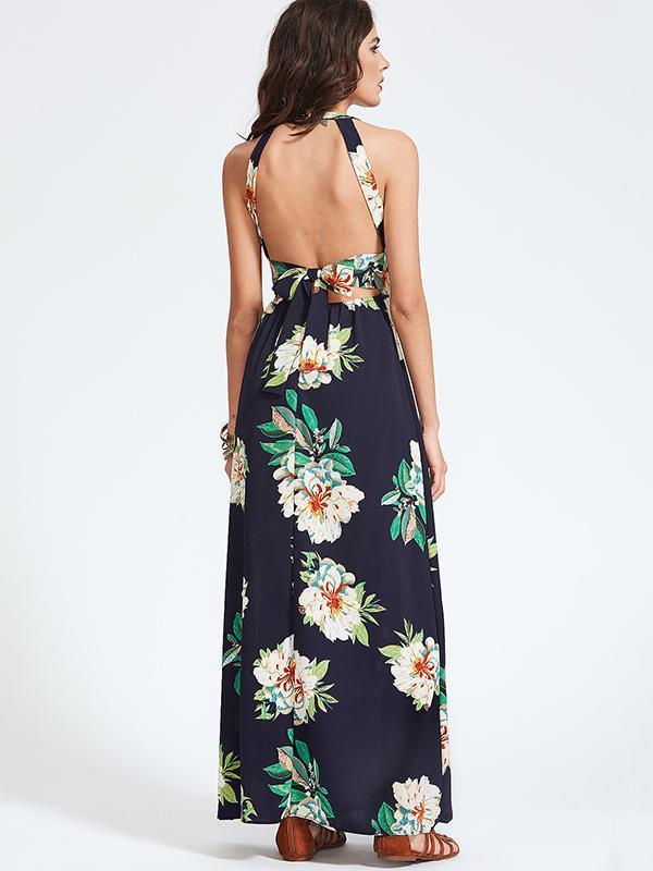 Bohemia Floral Halterneck Backless Sleeveless Maxi Dress