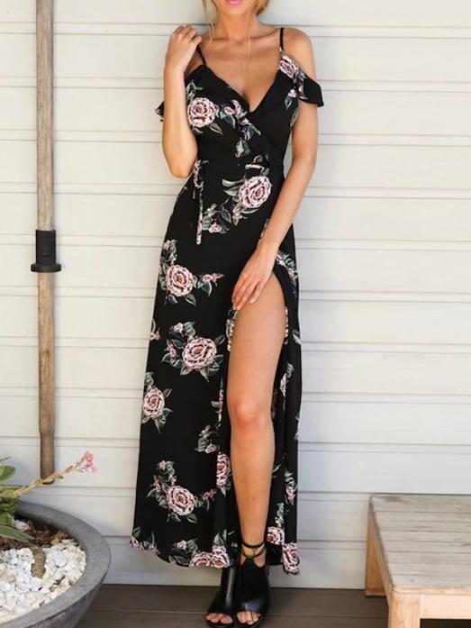 Floral Printed Spaghetti-neck Split-side Bohemia Maxi Dress