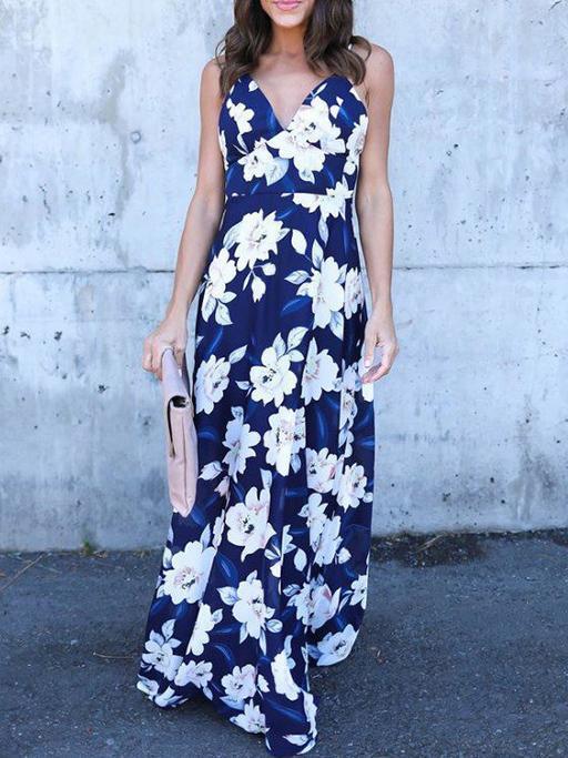 Floral Spaghetti-neck V-neck Backless Bohemia Maxi Dress