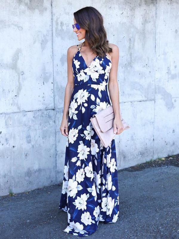 Floral Spaghetti-neck V-neck Backless Bohemia Maxi Dress