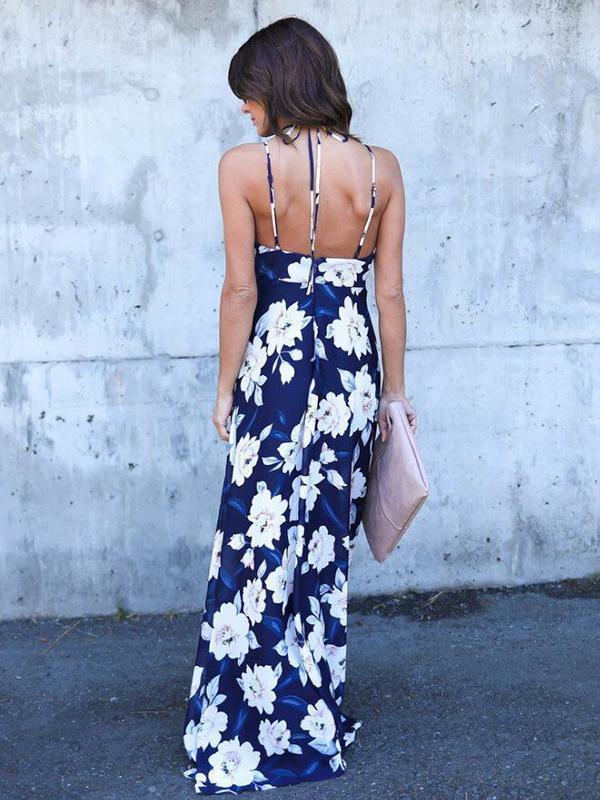 Floral Spaghetti-neck V-neck Backless Bohemia Maxi Dress